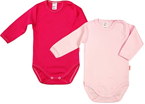 KLEKLE Baby Body - Body Langarm - Unisex - 2er-Pack - mit Druckknöpfen - 100% Baumwolle - Babykleidung - 12m-18m - Rosa und Amaranth von KLEKLE