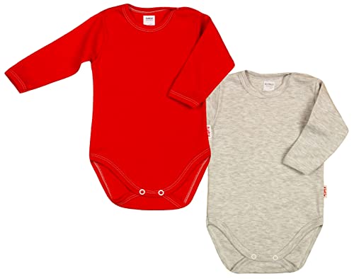 KLEKLE Baby Body - Body Langarm - Unisex - 2er-Pack - mit Druckknöpfen - 100% Baumwolle - Babykleidung - 1m-3m - Rot und Grau Melange von KLEKLE