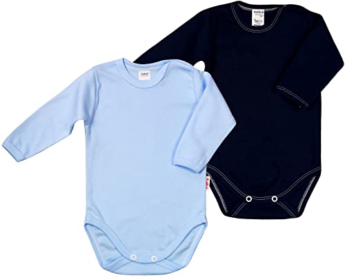 KLEKLE Baby Body - Body Langarm - Unisex - 2er-Pack - mit Druckknöpfen - 100% Baumwolle - Babykleidung - 9m-12m - Blau und Marineblau von KLEKLE