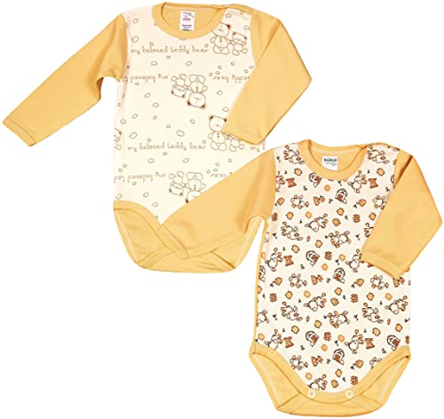 KLEKLE Baby Body - Body Langarm Unisex - 2er-Pack - mit Druckknöpfen - 100% Baumwolle - Babykleidung - 9m-12m - Esel und Teddybär - Beige von KLEKLE