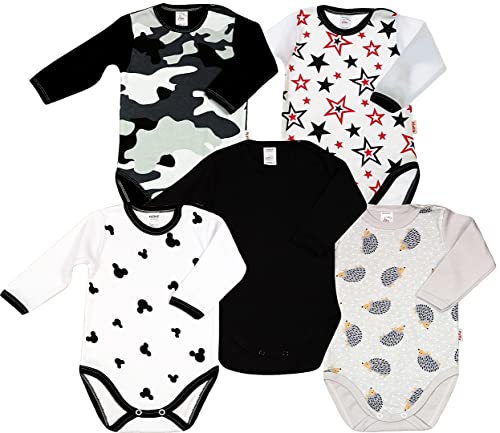 KLEKLE Baby Body - Body Langarm Unisex - 5er-Pack - mit Druckknöpfen - 100% Baumwolle - Babykleidung - Schwarz und Weiß - 74 von KLEKLE