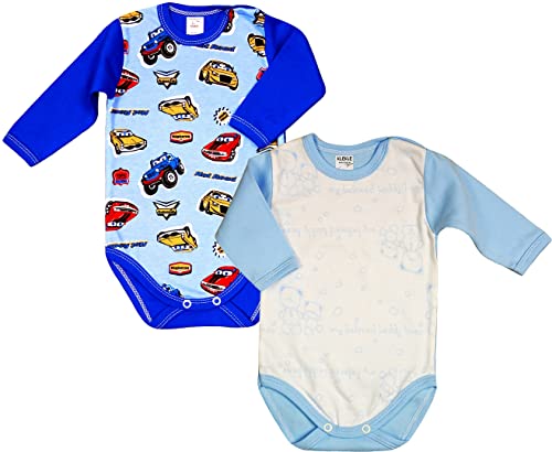 KLEKLE Baby Body - Body Langarm für Junge - 2er-Pack - mit Druckknöpfen - 100% Baumwolle - Babykleidung - 12m-18m - Autos und Teddybär - Blau von KLEKLE