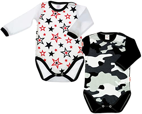 KLEKLE Baby Body - Body Langarm für Junge - 2er-Pack - mit Druckknöpfen - 100% Baumwolle - Babykleidung - 1m-3m - Tarn und Sterne - Schwarz und Weiß von KLEKLE