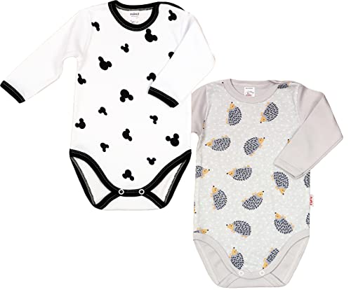 KLEKLE Baby Body - Body Langarm für Junge - 2er-Pack - mit Druckknöpfen - 100% Baumwolle - Babykleidung - 3m-6m - Maus und Igel - Weiß und Grau von KLEKLE