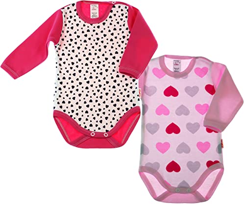 KLEKLE Baby Body - Body Langarm für Mädchen - 2er-Pack - mit Druckknöpfen - 100% Baumwolle - Babykleidung - 18m - 2 Jahre - Herzen - Rosa und Dunkelrosa von KLEKLE