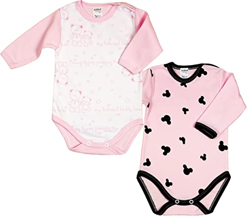 KLEKLE Baby Body - Body Langarm für Mädchen - 2er-Pack - mit Druckknöpfen - 100% Baumwolle - Babykleidung - 6m-9m - Maus und Teddybär - Rosa von KLEKLE