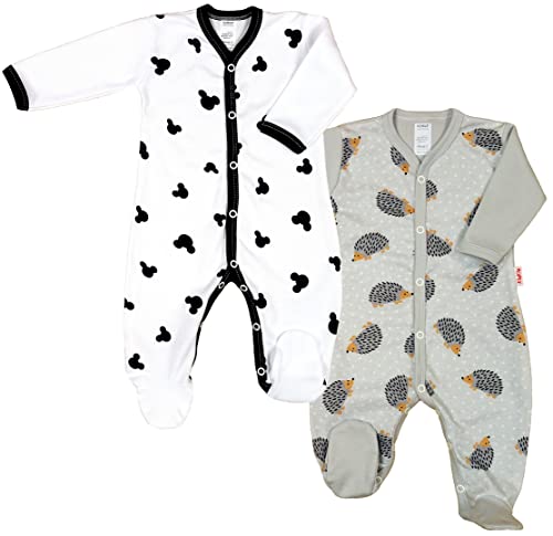 KLEKLE Baby Strampler - Schlafanzug - 2er-Pack - Walkoverall Baby mit Druckknöpfen - 100% Baumwolle - Babykleidung - 0-1m - Maus und Igel - Weiß und Grau - für Jungen von KLEKLE