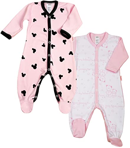 KLEKLE Baby Strampler - Schlafanzug - 2er-Pack - Walkoverall Baby mit Druckknöpfen - 100% Baumwolle - Babykleidung - 0-1m - Maus und Teddybär - Rose - für Mädchen von KLEKLE