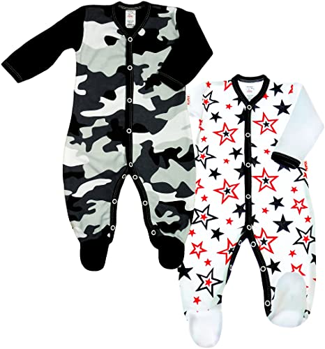 KLEKLE Baby Strampler - Schlafanzug - 2er-Pack - Walkoverall Baby mit Druckknöpfen - 100% Baumwolle - Babykleidung - 0-1m - Moro und Sterne - Schwarz und Weiß - für Jungen von KLEKLE
