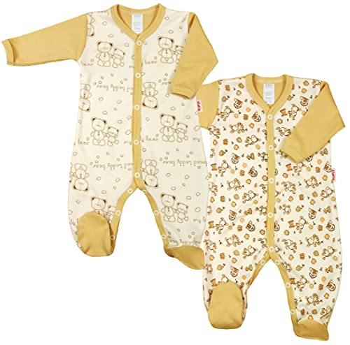 KLEKLE Baby Strampler - Schlafanzug - 2er-Pack - Walkoverall Baby mit Druckknöpfen - 100% Baumwolle - Babykleidung - 1-3m - Esel und Teddybär - Beige - Unisex von KLEKLE