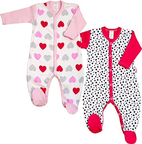 KLEKLE Baby Strampler - Schlafanzug - 2er-Pack - Walkoverall Baby mit Druckknöpfen - 100% Baumwolle - Babykleidung - 1-3m - Herzen - Rosa und Dunkelrosa - für Mädchen von KLEKLE