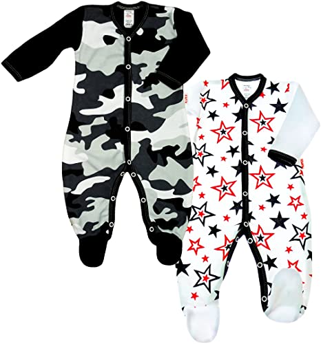 KLEKLE Baby Strampler - Schlafanzug - 2er-Pack - Walkoverall Baby mit Druckknöpfen - 100% Baumwolle - Babykleidung - 1-3m - Moro und Sterne - Schwarz und Weiß - für Jungen von KLEKLE