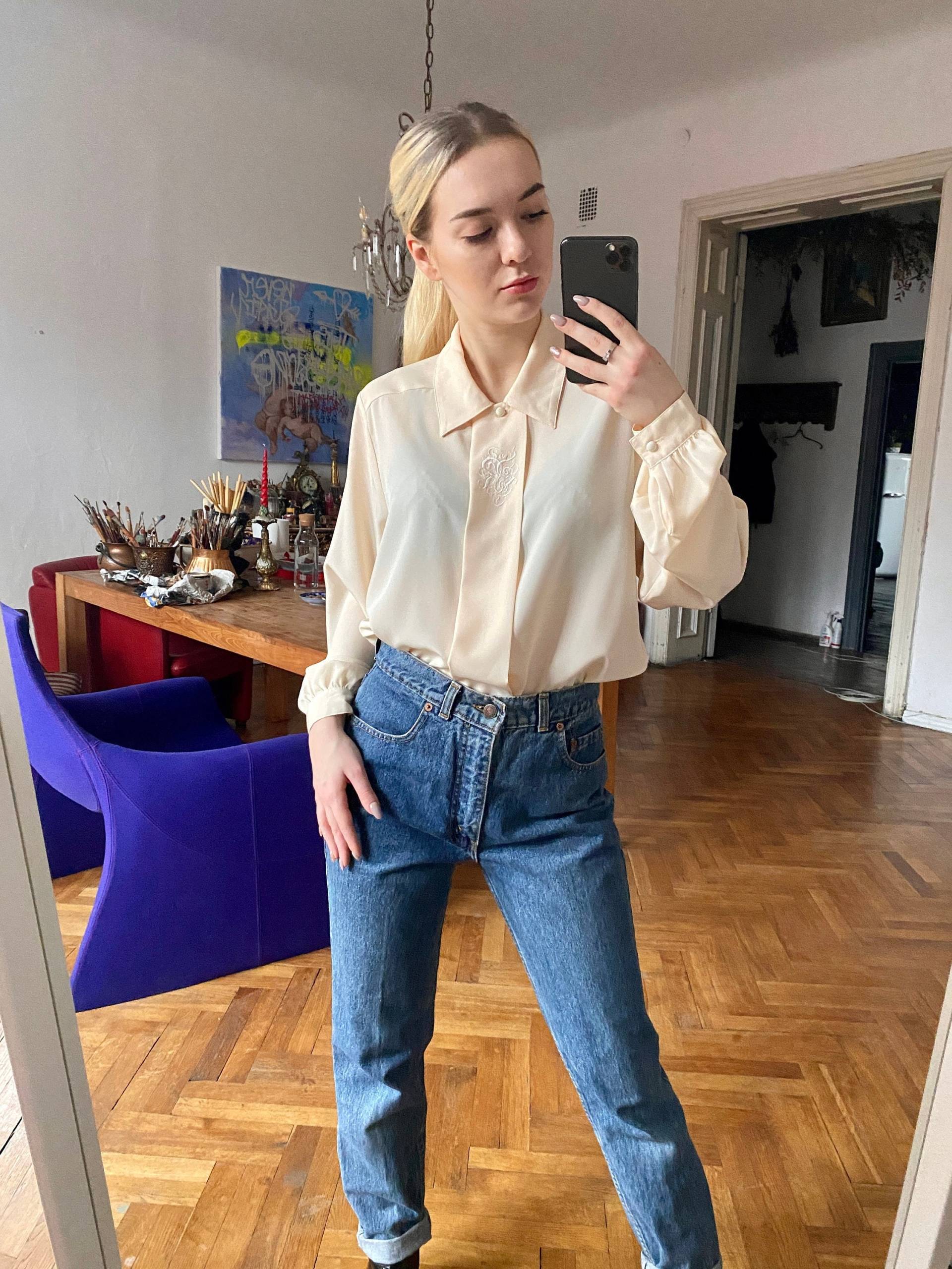 Vintage Cremeweiß Bestickte Bluse, Beige Shirt von KLEMvintage