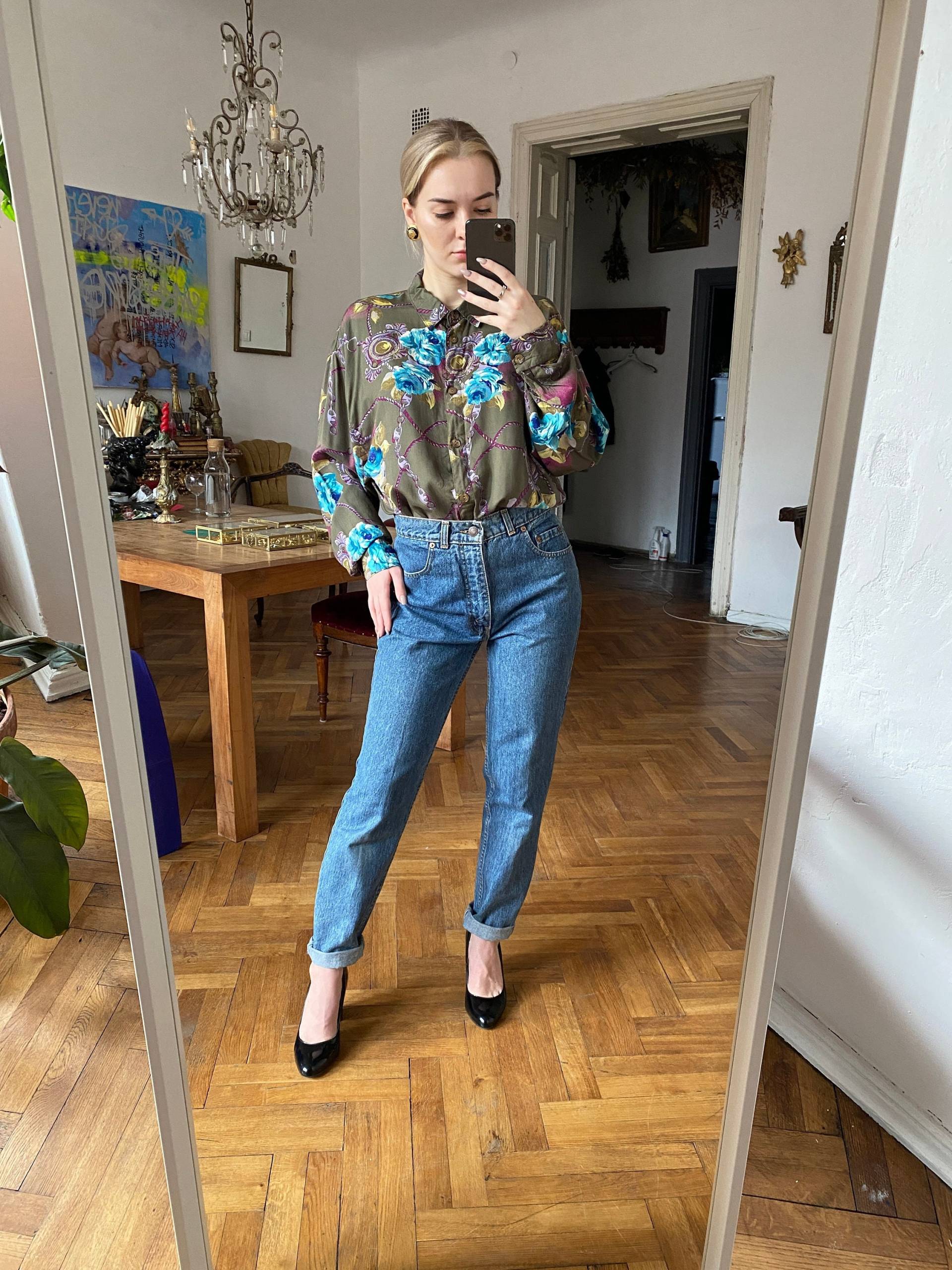 Vintage Florale Bluse, Langarm Grünes Shirt von KLEMvintage