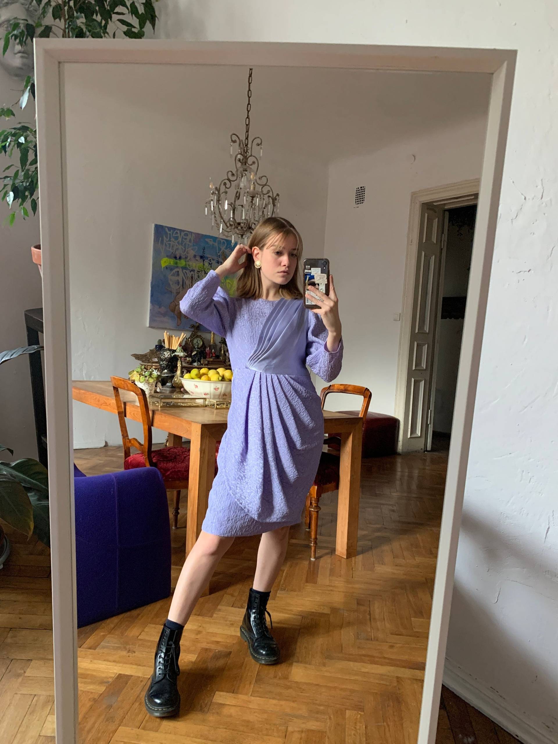 Vintage Lila Midi Kleid, Langarm Lavendel Seidenkleid von KLEMvintage