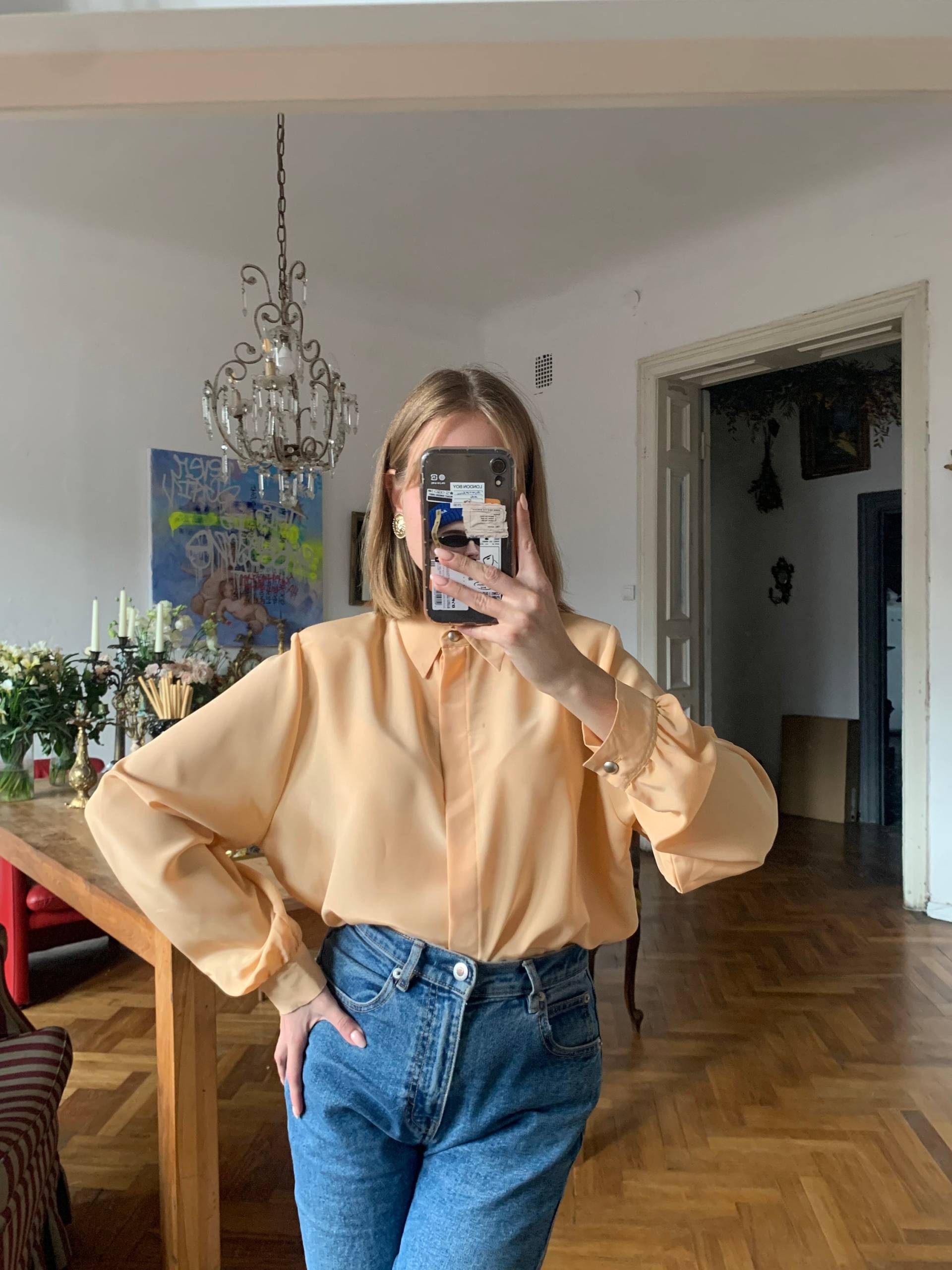 Vintage Pfirsichfarbene Bluse, Langarm Gelb Top von KLEMvintage