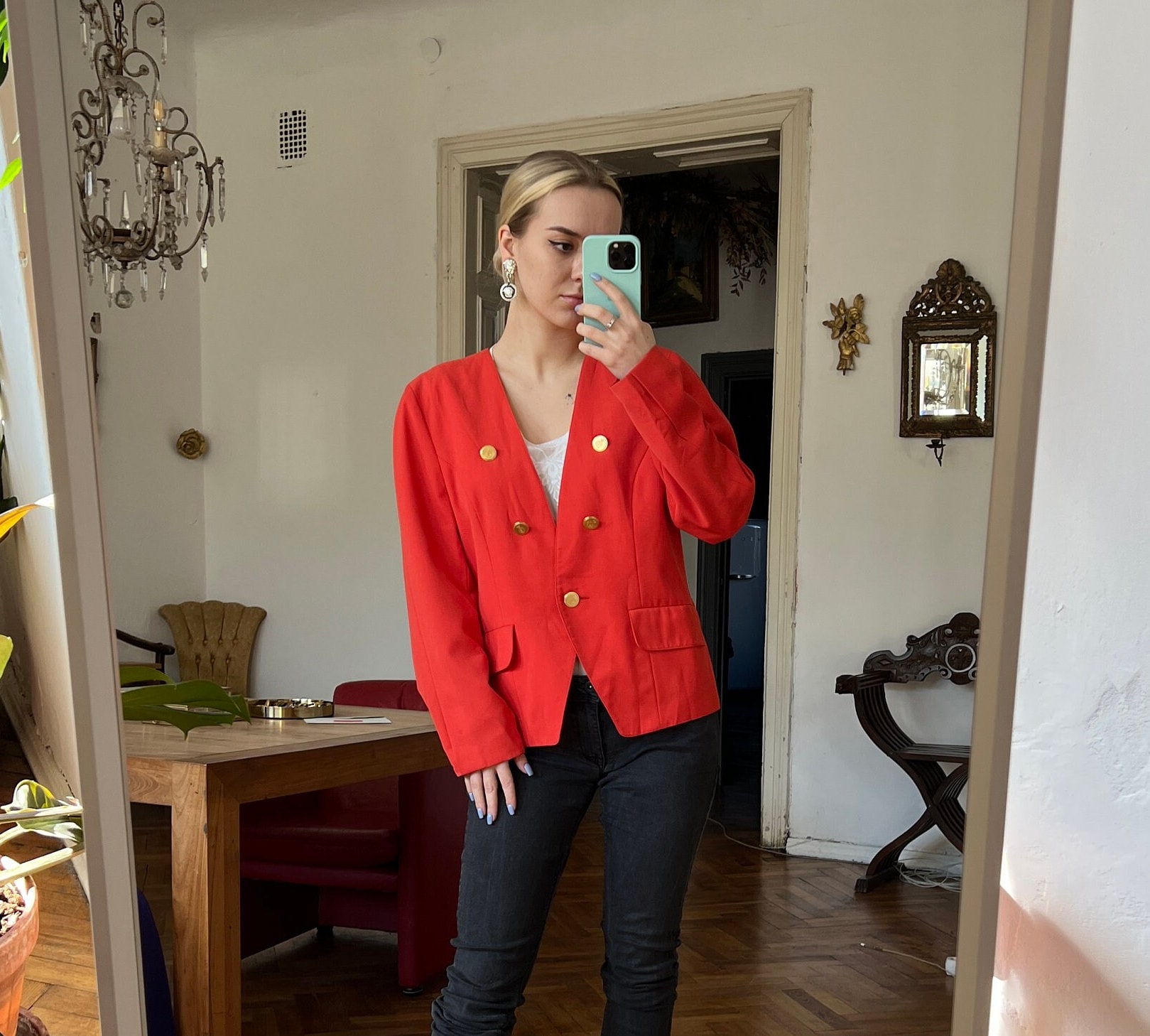Vintage Roter Crop Blazer, V-Ausschnitt Rote Jacke von KLEMvintage