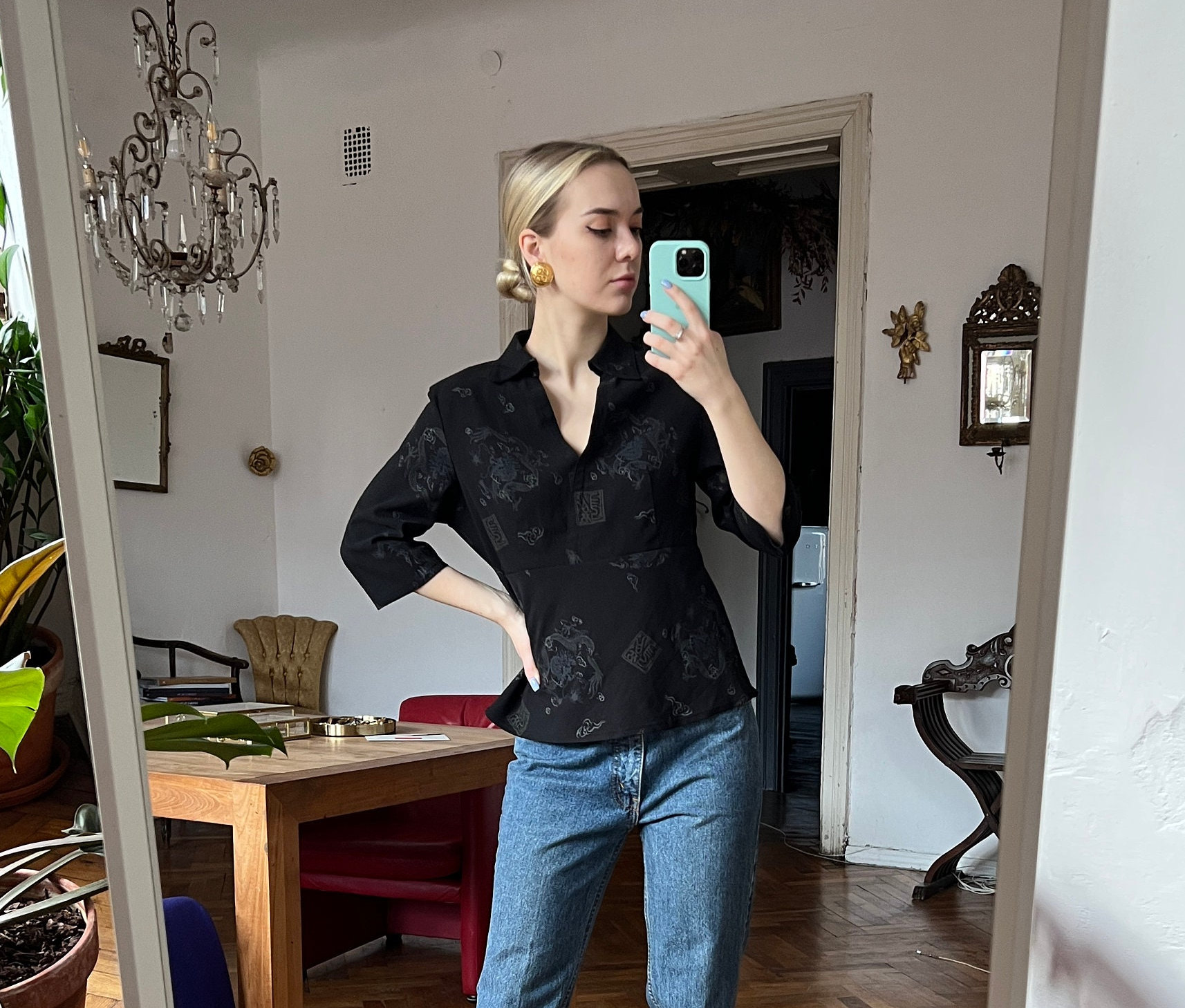 Vintage Schwarze Bluse, Halbärmeliges Schwarzes Top von KLEMvintage