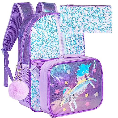 KLFVB 3 Stück Einhorn-Rucksack, 40,6 cm Pailletten, Kinder, Mädchen, Büchertasche und Lunchbox, Vorschulrucksäcke für Grundschüler von KLFVB