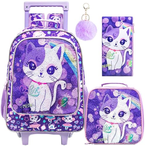 KLFVB Rollrucksack für Mädchen und Jungen, Kinderrollen-Schultasche mit Lunch-Tasche, Schultasche mit Rädern für Kinder, Katze lila, Einheitsgröße, Rollrucksack für Mädchen von KLFVB