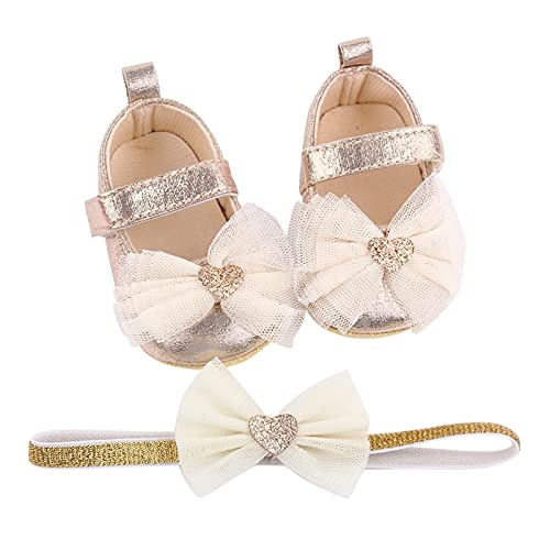 KLGR Baby Schuhe 6-12monate Junge Taufe Kleinkind Schuhe MäDchen Prinzessin Schuhe mit Stirnband Kinderschuhe Weichen Sohle Taufsocken Lauflernschuhe Indoor babyschuhe Blumen Bodensocken, Gold, 12 von KLGR