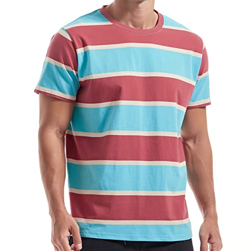 KLIEGOU Herrenmode Loose Fit Rundhalsausschnitt Streifen T-Shirt, Weinrot, XX-Large von KLIEGOU