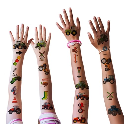 KLINNA 10er Set Hautfreundliche Temporäre Tattoos für Kinder, Traktor Tattoos, Perfekte Mitgebsel zum Kindergeburtstag für Jungen als Geschenke oder Party Deko zum Traktor Thema Geburtstag von KLINNA