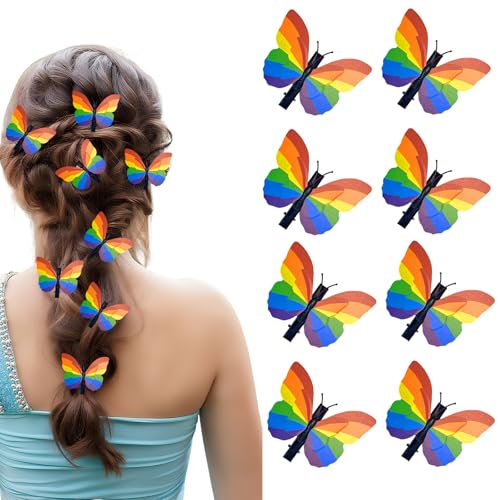 KLINNA 8 Stück Schmetterling Haarspangen mit Lebendigem 3D-Effekt, Farbenfrohe Regenbogen-Accessoires für die Pride Parade, Elegante Haarklammer für Damen, Mädchen und Kinder von KLINNA