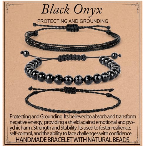 KLIYBGTHIJTP Heil-Armbänder, 6 mm, mattschwarzer Onyx, schwarze Perlenarmbänder für Männer und Frauen, mit 2 größenverstellbaren Armbändern, 8 mm, Stein von KLIYBGTHIJTP