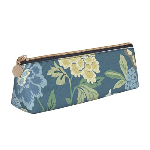 KLJnmbb Elegantes Federmäppchen mit blauem und gelbem Blumendruck, großes Fassungsvermögen, dreieckige Tasche mit Reißverschluss für Schreibwerkzeuge von KLJnmbb