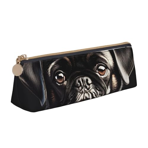 KLJnmbb Niedliches schwarzes Federmäppchen mit Mops-Aufdruck, elegantes Federmäppchen, großes Fassungsvermögen, dreieckige Tasche mit Reißverschluss für Schreibwerkzeuge von KLJnmbb
