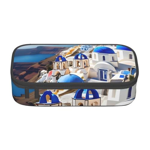 KLJnmbb Santorini Reise-Federmäppchen mit griechischer Insel und Meerblick, 21,6 x 5,1 x 9,4 cm, funktionale Aufbewahrungstasche für Bürobedarf von KLJnmbb