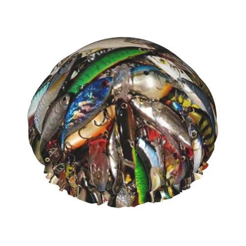 Leichte Duschhaube mit Fischköderaufdruck, für Damen und Herren, wiederverwendbar, weicher Hut und Badehaarkappe von KLJnmbb