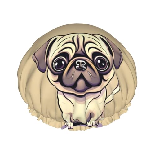 Lustige Cartoon-Mops-Welpen-Hunde-Druck, leichte Duschhaube für Damen und Herren, wiederverwendbar, weicher Hut und Badehaarkappe Lustige Cartoon-Mops-Welpen-Hunde-Druck, leichte Duschhaube für Damen und Herren, wiederverwendbar, weicher Hut und Badehaarkappe von KLJnmbb