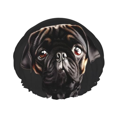 Niedlicher schwarzer Mops, Standard-Skala-2_00x Druck, leichte Duschhaube für Damen und Herren, wiederverwendbarer Hut, weicher Hut und Badehaarkappe von KLJnmbb