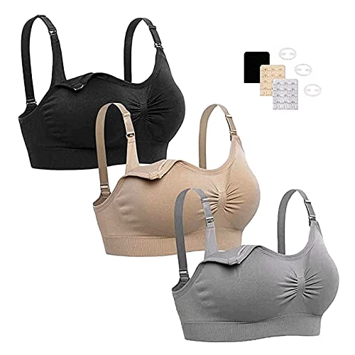 KLKIT 3 Stück Still-BH für Mutterschaft, kabellos, Still-BH mit Extra-Verlängerungen, Still-BH für Frauen, Schwarz, Grau, Beige, XX-Large von KLKIT