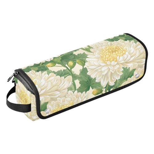 2-in-1-Haar-Werkzeug-Organizer und hitzebeständige Matte, staubdicht, Reise-Glätteisen-Tasche für Glätteisen, Lockenstab, Haartrockner, weiße japanische Chrysanthemen-Blumen, Haarschmuck von KLL
