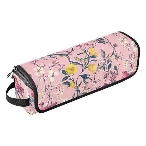 2-in-1-Lockenstab-Reiseetui mit abnehmbarer hitzebeständiger Matte, wasserdicht, Reise-Organizer für Glätteisen, Glätteisen, Lockenstäbe, Blumen, Kirschblüten, Vögel, rosa Haare von KLL