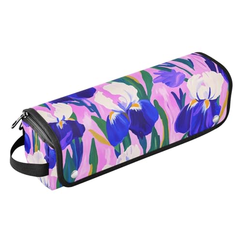 2-in-1-Lockenstab-Reiseetui mit hitzebeständiger Matte, tragbarer Haarstyling-Werkzeug-Organizer für Lockenstab Glätteisen, flacher Haartrockner, lila und weiße Irisblumen, tragbarer Organizer von KLL