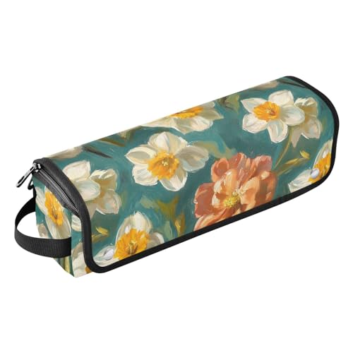 2-in-1 Lockenstab Reiseetui und hitzebeständige Matte, wasserdicht, Reise-Organizer für Glätteisen, heiße Werkzeuge und Haarpflegezubehör, Blumen, Narzissen, Pfingstrosen, blaugrün, Reisezubehör von KLL