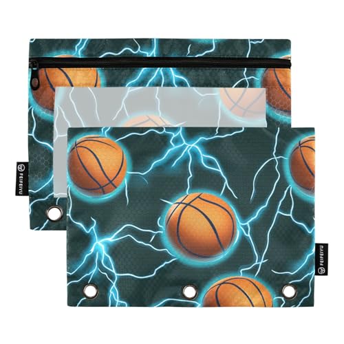 Basketball-Blue Lightning Green Binder Pocket Soft Pencil Case für 3 Ringe Binder Tasche mit 3 Ringen für Büro Schreibwaren Zubehör von KLL