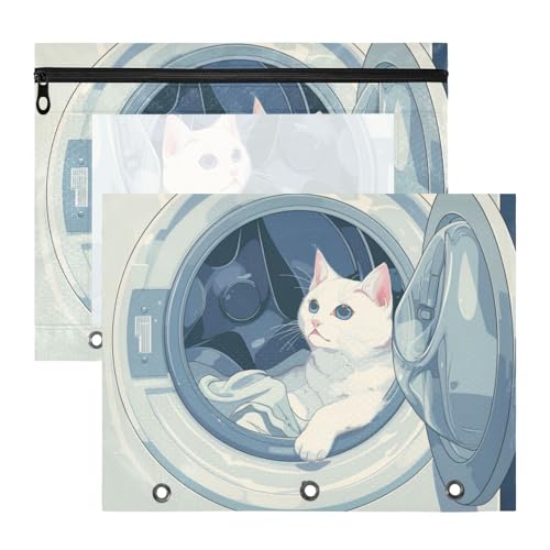 Bindertaschen, Mehrzweck-Aufbewahrungstasche für A4-Papier, Briefe, 2 Stück, Studenten, Zuhause, weiße Katze, Waschmaschine von KLL