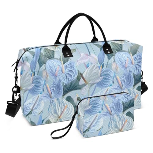 Blaue Anthurien Blumen dekorative Schultertasche Weekender Übernachtungstasche Tragetasche mit Kulturbeutel für Trekking große Kapazität Bolsa para Gym para Mujer von KLL