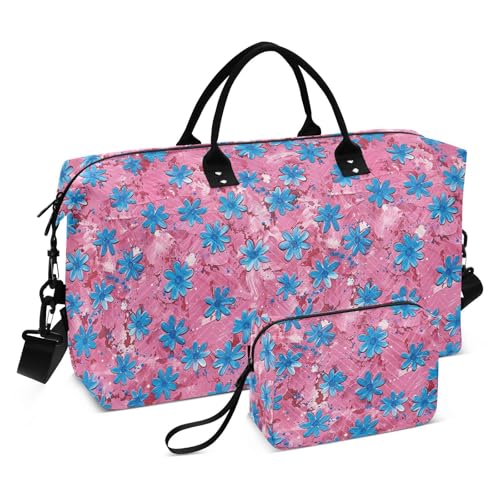 Blaue Gänseblümchen rosa dekorative Reisetasche, Turnbeutel mit Kulturbeutel zum Wandern, 2-teiliges Set, Bolsa de lona para von KLL