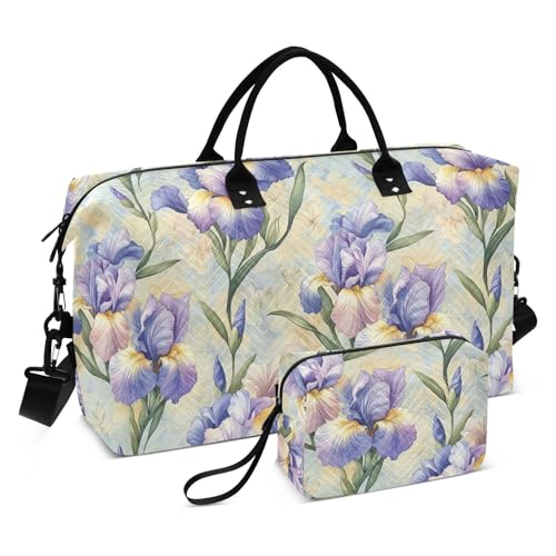 Blaue Iris Blumen Dekorative Handgepäcktasche Wochenendtasche Große Turnbeutel mit Kulturbeutel für Fitnessstudio Große Kapazität Bolso Viajero para Mujer von KLL