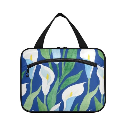 Blaue und weiße Calla-Lilien-Blumen-Hängetasche für Damen, Reisen, mit Haken, Designer-Tragetasche für Herren, Trip Maletín para maquillaje L von KLL