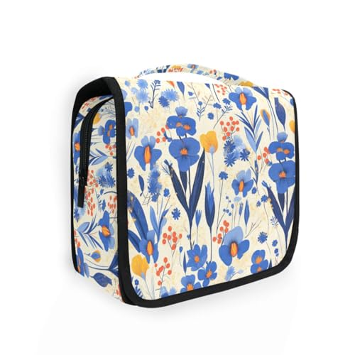 Blue Iris weißer Hintergrund, modern, skandinavisch, große Kosmetiktasche für Damen, mit Haken zum Aufhängen, waschbar, gesteppt, Make-up-Tasche, Rucksackreisen Blue Iris weißer Hintergrund, modern, skandinavisch, große Kosmetiktasche für Damen, mit Haken zum Aufhängen, waschbar, gesteppt, Make-up-Tasche, Rucksackreisen von KLL