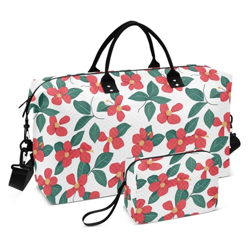 Bolsa de para Hombre Große Turnbeutel mit verstellbarem Riemen zum Wandern, 2-teiliges Set, rote Blumen und grüne Blätter von KLL