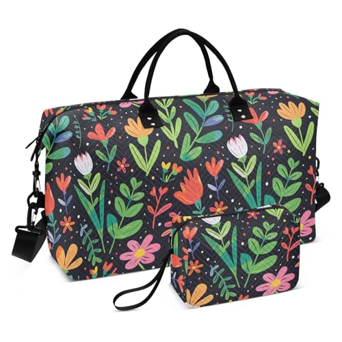 Bolsa para en Avion Turnbeutel mit Kulturbeutel für Fitnessstudio, großes Fassungsvermögen, Motiv: bunte Blumen, Schwarz von KLL