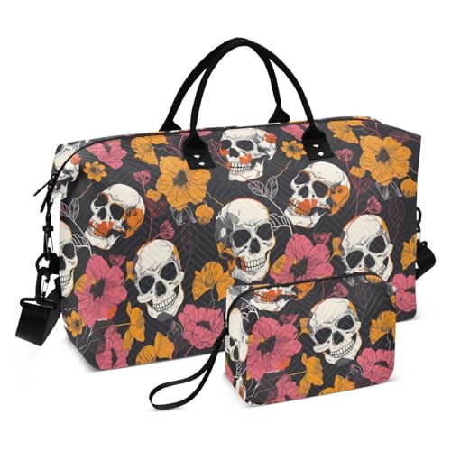 Bolsas Para Viajar Turnbeutel mit Blumenschädel und dekorativem Wochenendtasche, groß, mit verstellbarem Riemen, für Reisen, 2-teiliges Set von KLL